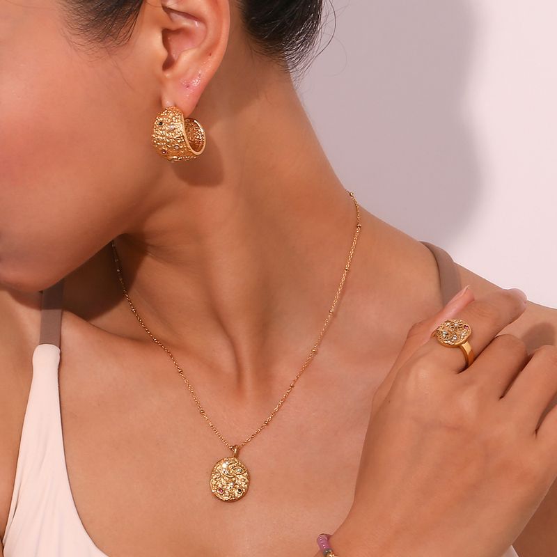 CELESTIALUMINANiche And Personalized Popular Earring And Ring Set, 18K Gold Plated, Micro-inlaid Star And Moon Round Necklace For Women_voghion.com