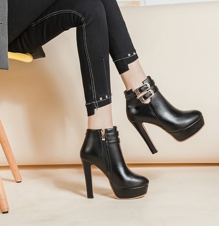 CMY New Thick Heel Belt Buckle Waterproof Table Short Boots Super High Heel Black Martin Boots High Heels Autumn And Winter_voghion.com