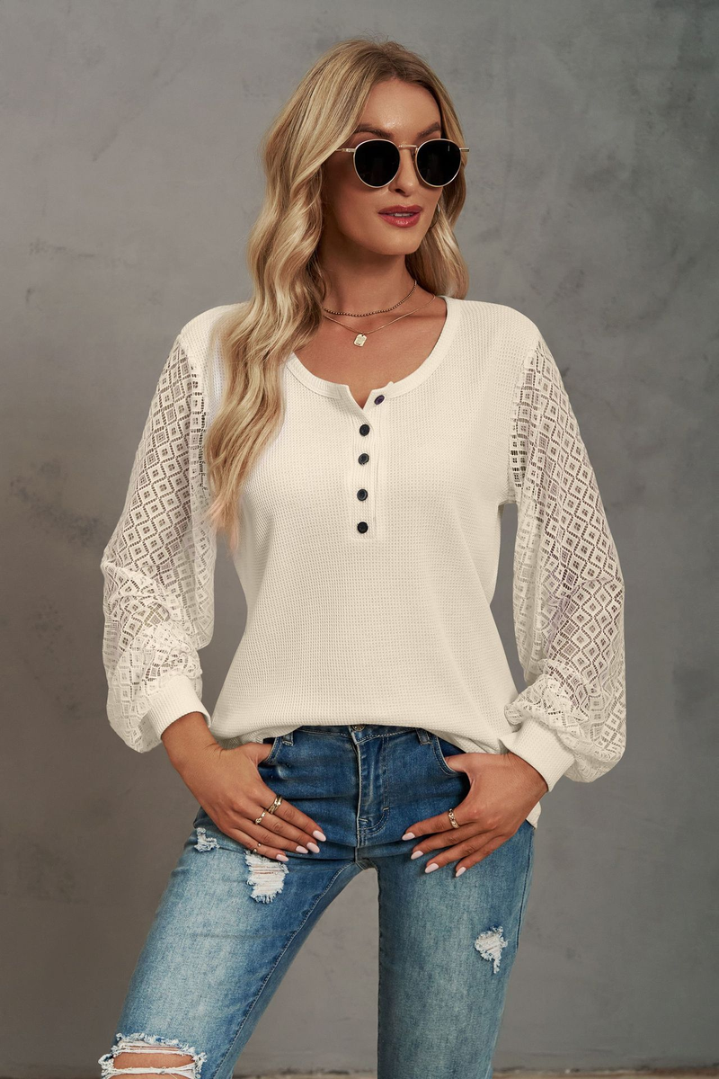 Women's Clothing Casual Waffle Grace Panel Long Sleeve Button T-shirt Top_voghion.com