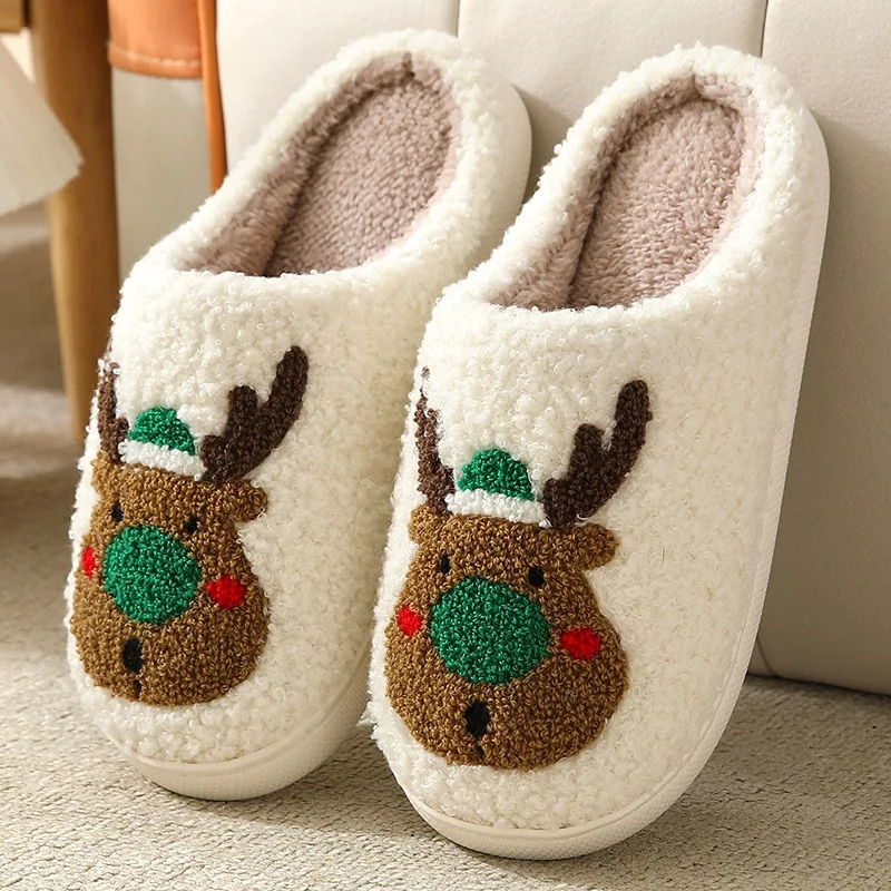 New Christmas Women Elk Cotton House Girl Fur Cute Cushion Slides Bedroom Ladies Men Plush Shoes Winter Slippers_voghion.com