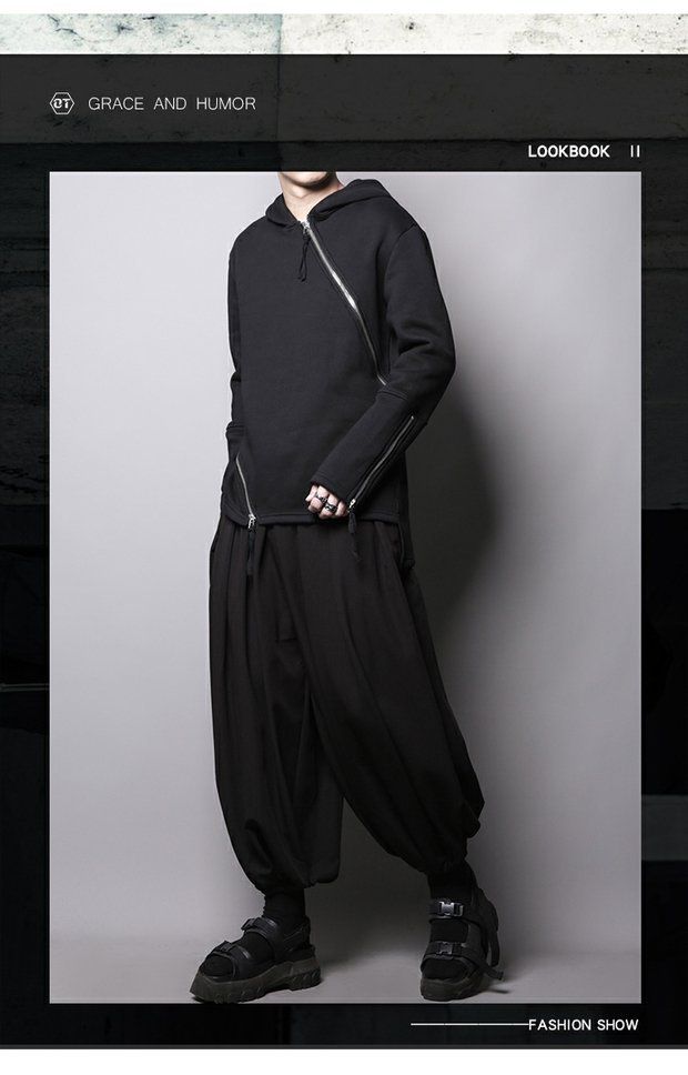 Felpa con cappuccio e cerniera da uomo Dark Aesthetic con design asimmetrico, foderata in pile, vestibilità oversize, stile streetwear_voghion.com