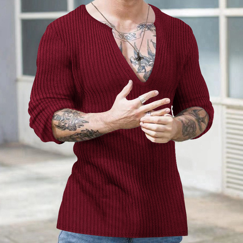 2023 Herren Casual Herbst Winter Tiefe V-Ausschnitt Slim Fit Langarm Einfarbig Gestricktes Basishemd Für Männer_voghion.com