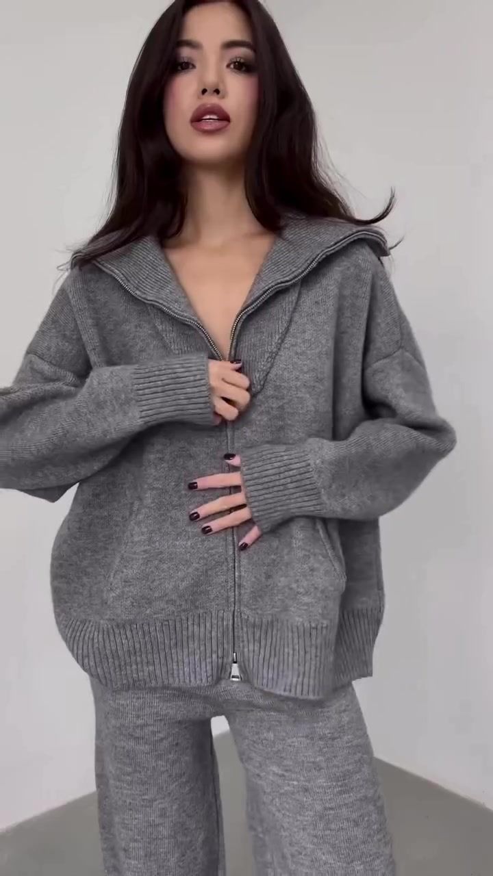 Abbigliamento donna autunno e inverno nuovo stile morbido e pigro cardigan lavorato a maglia giacca pantaloni a gamba larga set due pezzi_voghion.com