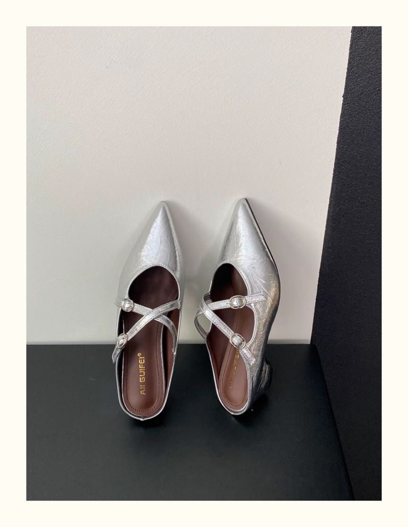 Mules de salto alto estilo francês, com tiras cruzadas e bico fino, prateados, fechados, para mulheres, primavera-verão, uso ao ar livre_voghion.com