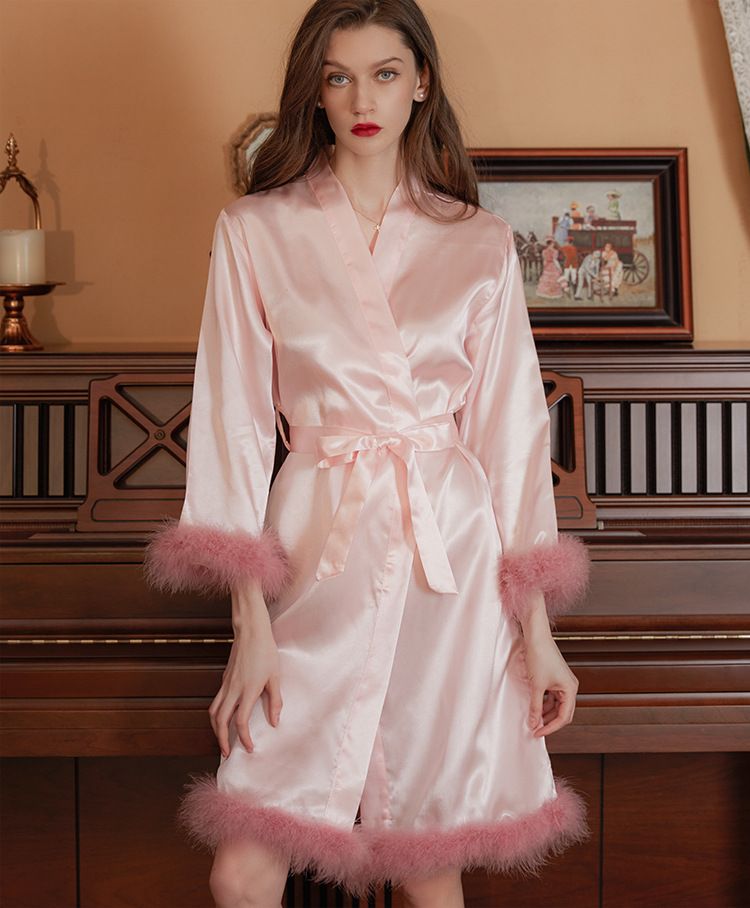 Underwea Bride Bride Robe Morning Gown Ladies Feather Nightgown Wedding Makeup Bridesmaid Wedding Kimono Satin Bathrobe_voghion.com