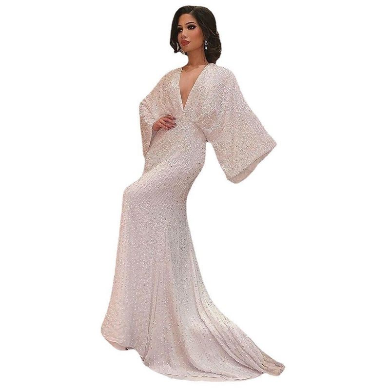 Robe longue élégante à paillettes et manches longues pour femme, col en V, longueur au sol, queue de poisson, banquet_voghion.com
