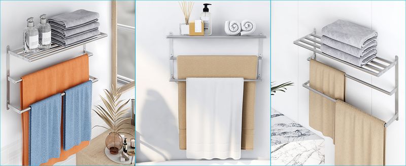VOTZAAQ Badezimmerregale, 24-Zoll-Regal mit Doppelstange, Edelstahl-Aufbewahrung für die Wandmontage im Badezimmer, 3-stufiger Kleiderbügel_voghion.com