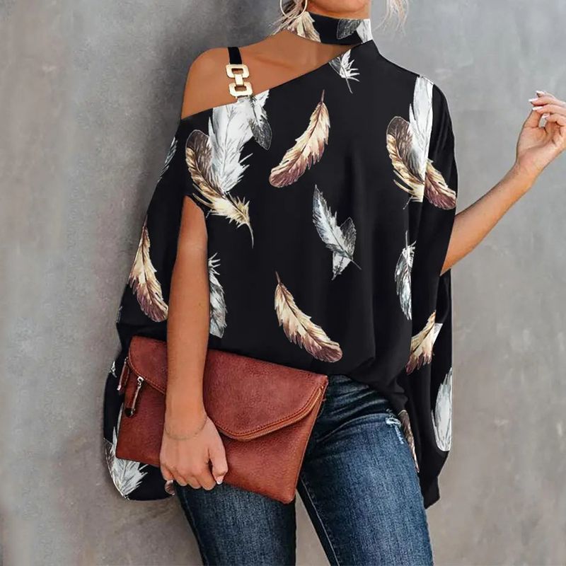 Beauty digital print sexy oblique collar loose top_voghion.com