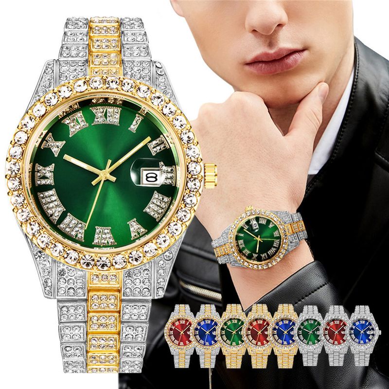 Heren stalen band quartz horloge hiphop business stalen band kalender heren volledig diamanten horloge_voghion.com
