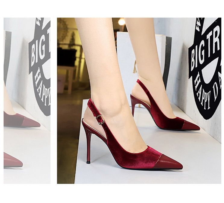 High-heeled women's shoes light velvet with thick suede splicing pointe back hollow back strap single shoes_voghion.com
