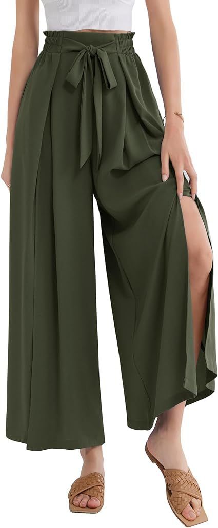 Calça Palazzo Feminina Leve, Casual, de Cintura Alta, com Bolsos e Fenda - Calça Larga e Flutuante para o Verão_voghion.com