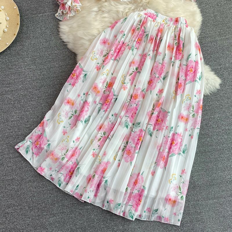 Damenbekleidung Modischer Anzug für Damen, super märchenhafte Chiffonbluse mit V-Ausschnitt, gerüschter Taille und Blumenmuster, zweiteiliger Faltenrock mit hoher Taille_voghion.com