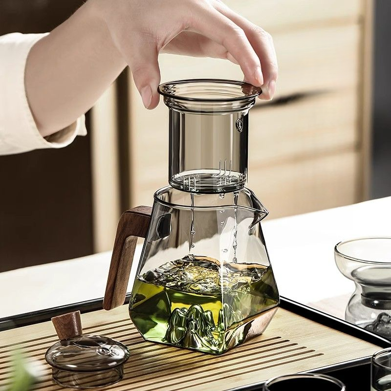 Glass Teapot With Tea-Water Separation, Household Wooden Handle Kung Fu Brewing Teapot, Flower Tea Set, Guanshan Gongdao_voghion.com