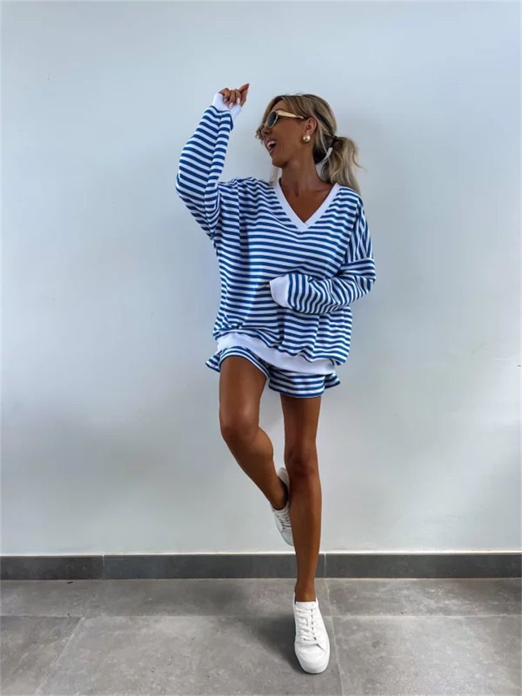 Ensemble 2 pièces décontracté à rayures pour femme, haut ample à manches longues et col en V, short de sport_voghion.com