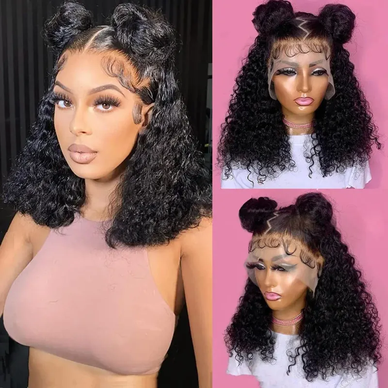 Short Bob Human Hair Lace Front Wigs Water Wave Deep Curly Wig Women_voghion.com