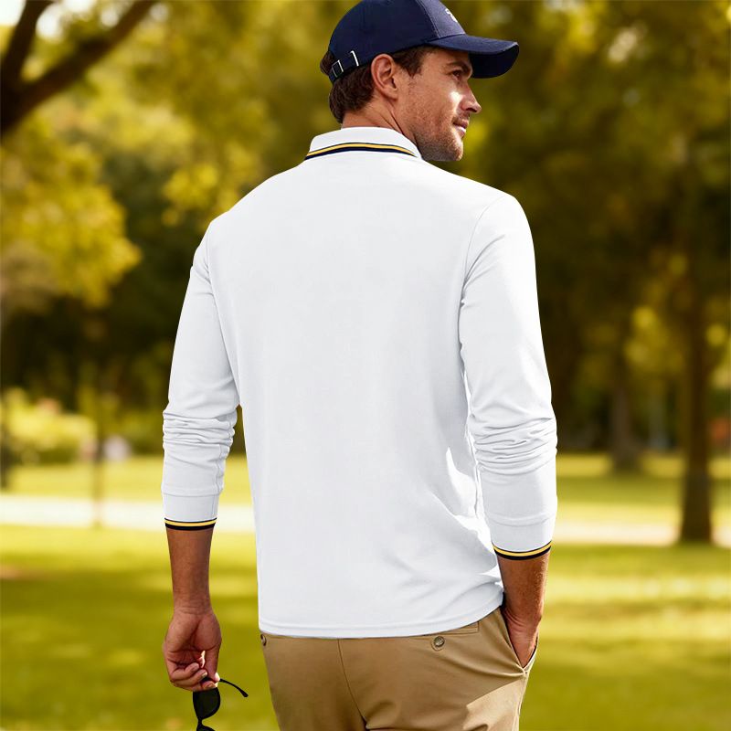 Men's Breathable Jacquard Polo Shirt - Loose Fit Long Sleeve Casual Top For Golf & Everyday Wear_voghion.com