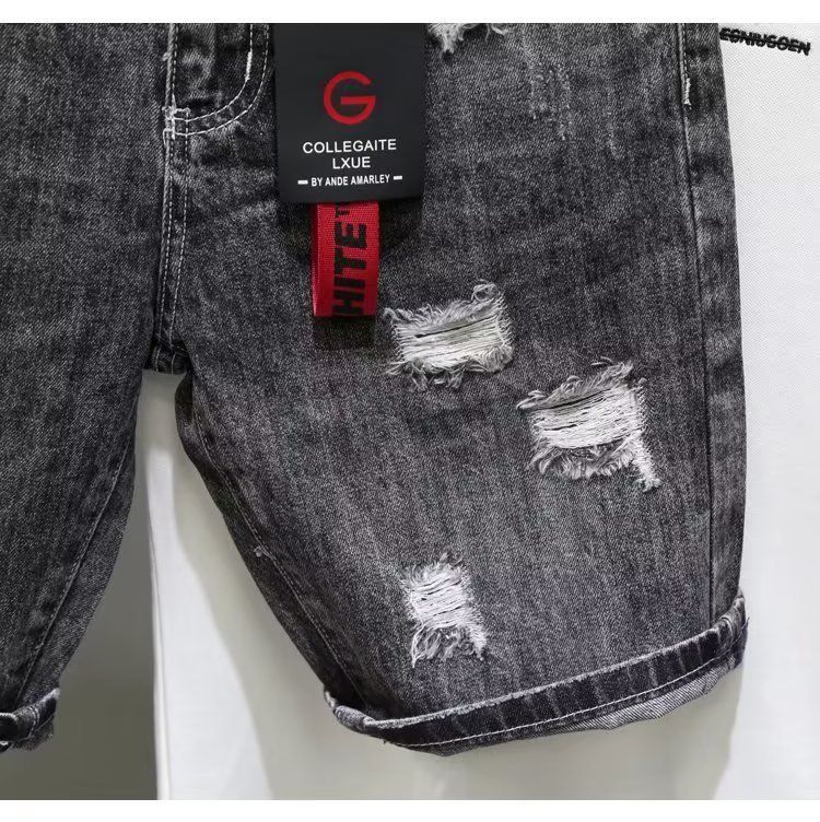 Short en jean pour homme, coupe slim, tendance, style coréen, noir et gris, cinq pièces_voghion.com