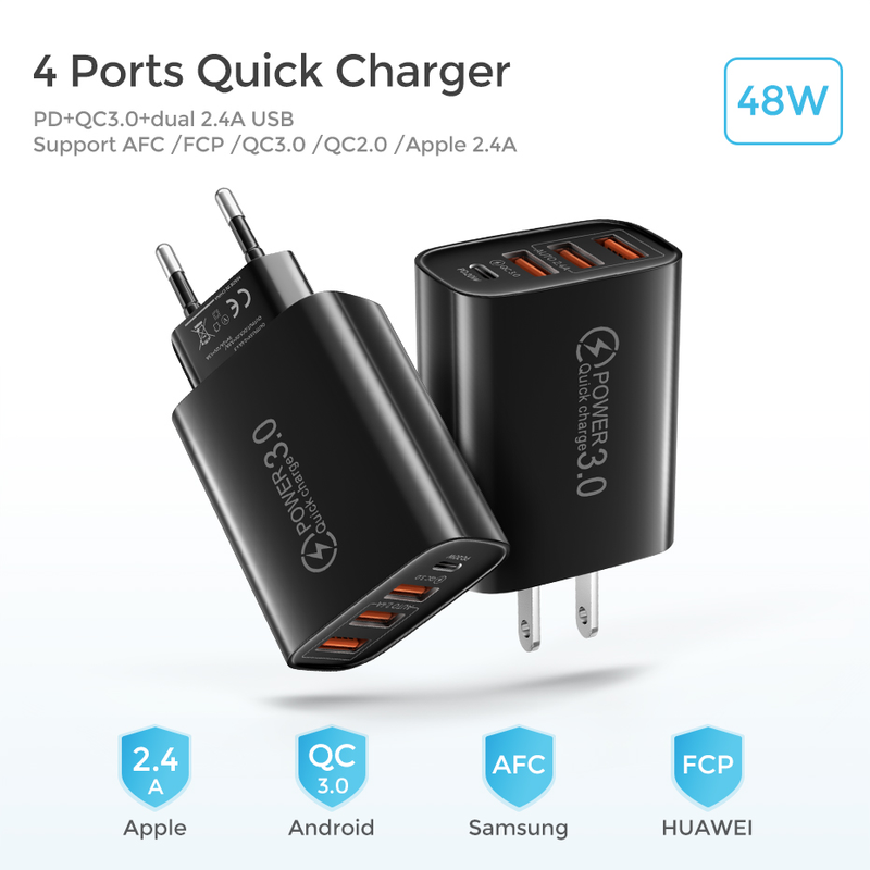 C USB charger 30W PD fast charging charger 4-port mobile phone charger wall adapter suitable for Xiaomi iPhone_voghion.com