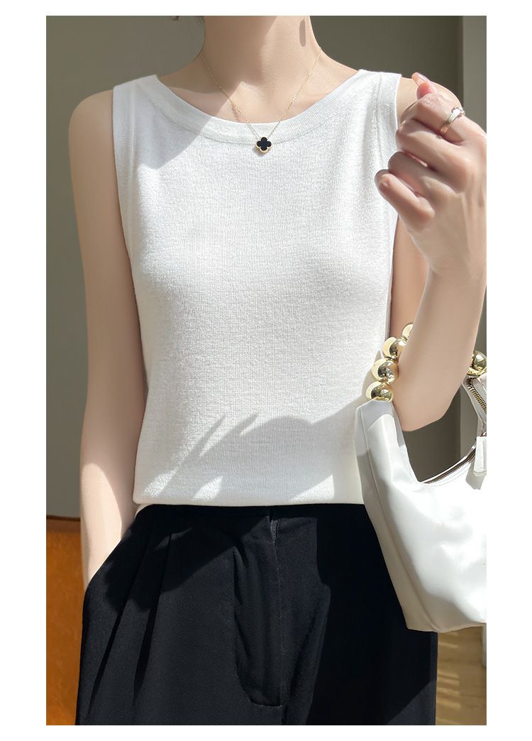 Spring Summer New Thin Wool Knitted Sweater With Camisole And Sleeveless Vest, Women's Round Neck Inner Layer As A Base_voghion.com