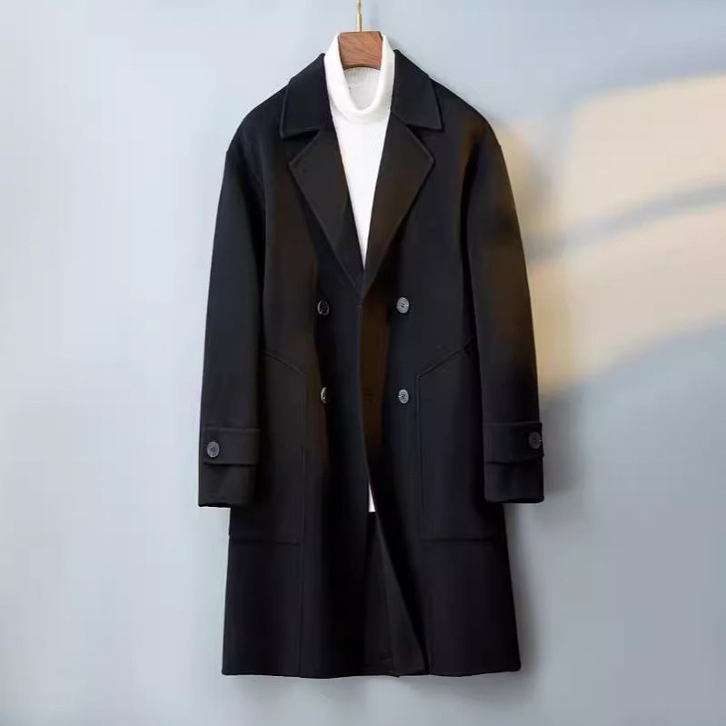 European Station Men's Double Faced Wool Coat Wool Suit Collar Wool Men's Cashmere Coat Mid Length Coat_voghion.com