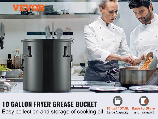 VEVOR Fryer Grease Bucket, 10 Gal Oil Disposal Caddy Stainless Steel Fryer Oil Bucket Rust-Proof Coating, Oil Transport Container With Lid, Lock Clips, Filter Bag For Hot Cooking Oil Filtering, Black_voghion.com