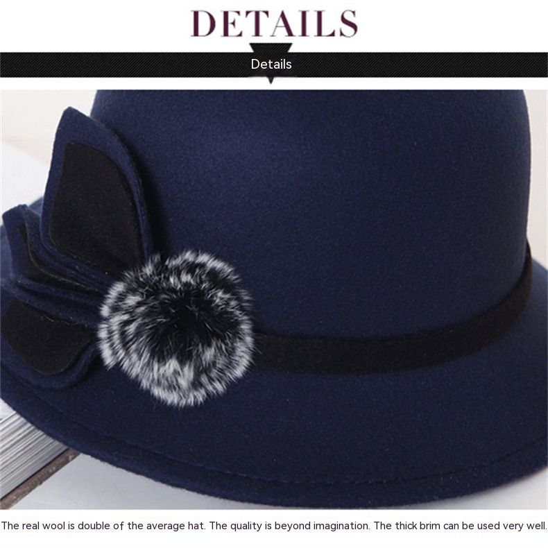 Wollzylinder-Hut, französischer Luxus, einseitiger Plüschball, Frühling und Herbst, englischer Feng Shui-Eimerhut, Vintage-Stil, eleganter kleiner Topfhut_voghion.com