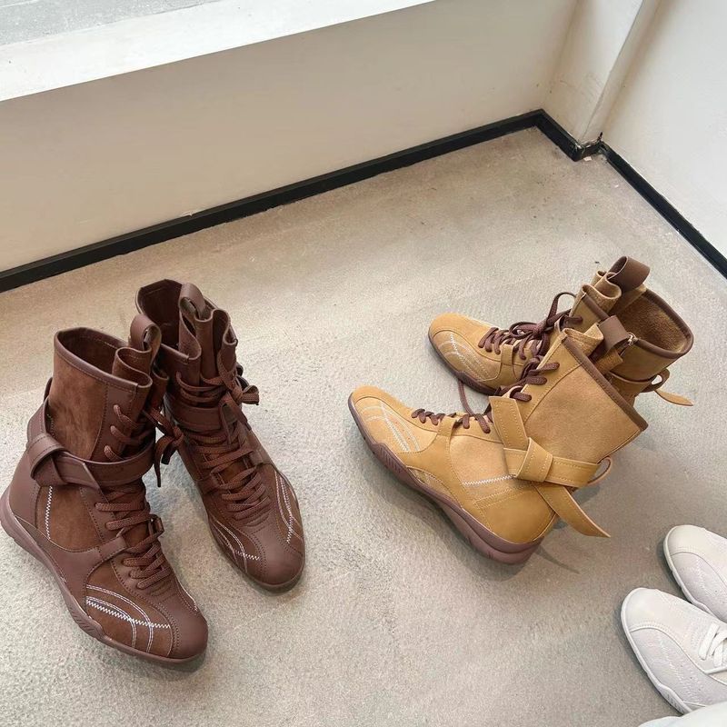 Women Boxing Boots 2025 Spring Height-Increasing Martin For Women, Brown Boxing Suede Round-Toe Lace-Up Sports Boots, Short Boots_voghion.com