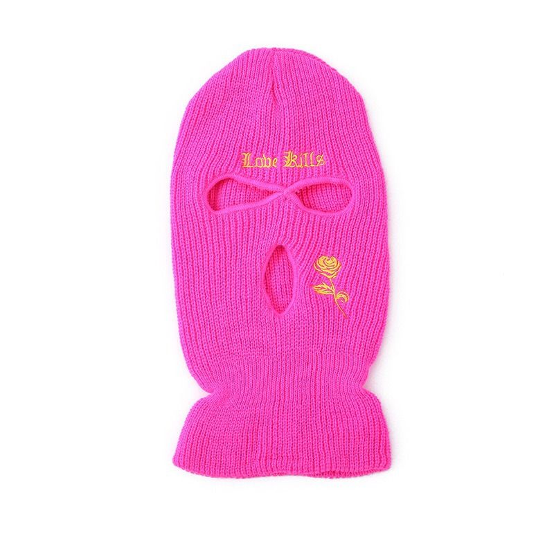Cappello lavorato a maglia a tre fori per autunno e inverno con ricamo di rose - Cappello caldo per l'inverno e l'autunno per sci, ciclismo e attività all'aperto_voghion.com