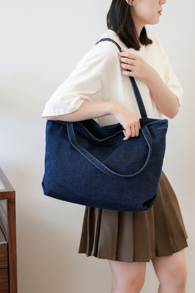 Denim Bag Women's Shoulder Bag Large Capacity Solid Color Washed Denim Bag Student Commuter Shoulder Bag Female Art Casual Handbag_voghion.com