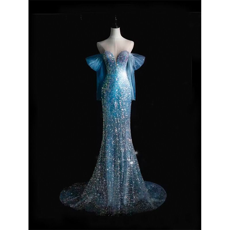 Fish Tail Evening Dress New Blue Sequin Strapless Gift Fish Tail Dress Ball Dress_voghion.com