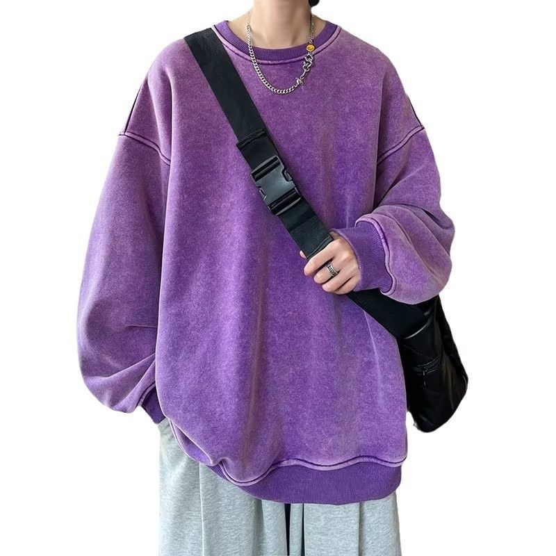 Neues gewaschenes und getragenes Vintage-Sweatshirt aus reiner Baumwolle mit Rundhalsausschnitt für Frühling und Herbst für Herren, lockere, lässige Langarmjacke_voghion.com