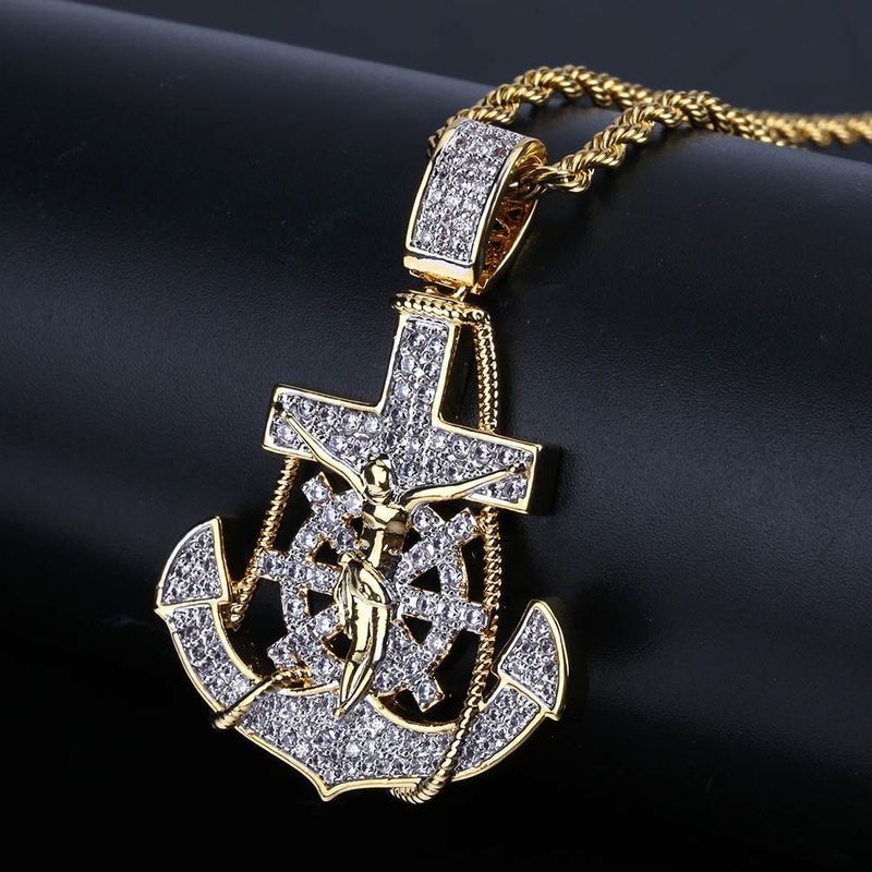 Men And Women's Jewelry Anchor Helm Cross Pendant Necklace With Zircon Stones For Hip-Hop Trendy Style_voghion.com
