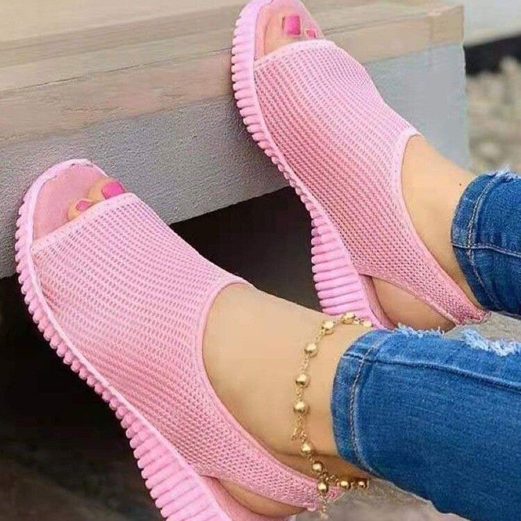 2025 Summer New Thick Sole Mesh Knitted Fish Mouth Sandals, Large Size One Step Women's Shoes_voghion.com