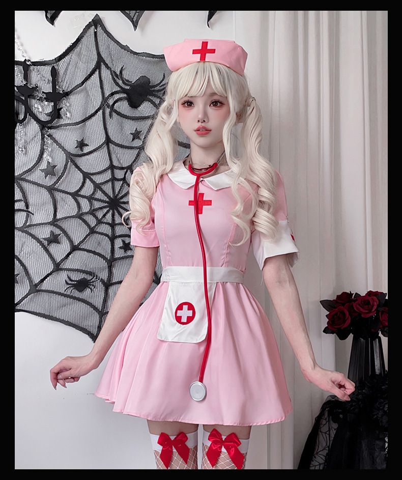 Sexy pinkes Krankenschwesterkostüm für Damen - Japanisches Kawaii-Rollenspielkleid mit Stirnband, Armbändern und Schürze - Halloween-Cosplay-Outfit_voghion.com