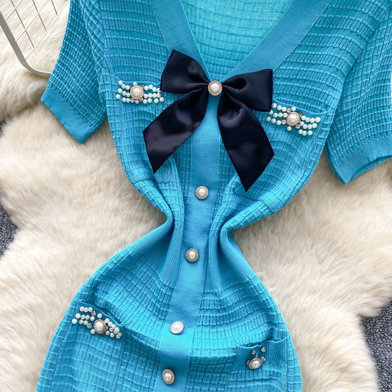 Abito da donna in maglia con scollo a V, fiocco, diamanti, vestibilità aderente, splendida gonna lunga_voghion.com