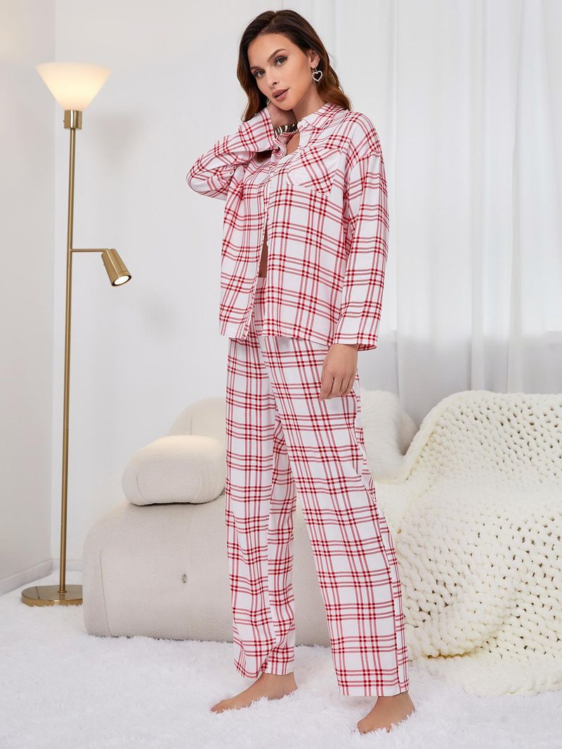 Pajamas Women's Autumn And Winter Cardigan Red Plaid Long Sleeve Home Clothes Set Can Be Worn Outside_voghion.com