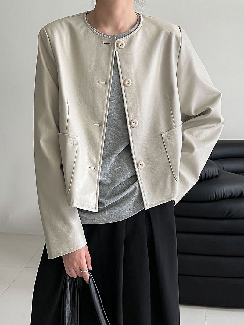 Dames slim fit PU leren jas met enkele knoopsluiting - Koreaanse stijl cropped bikerjack voor de herfst, casual en veelzijdige bovenkleding_voghion.com