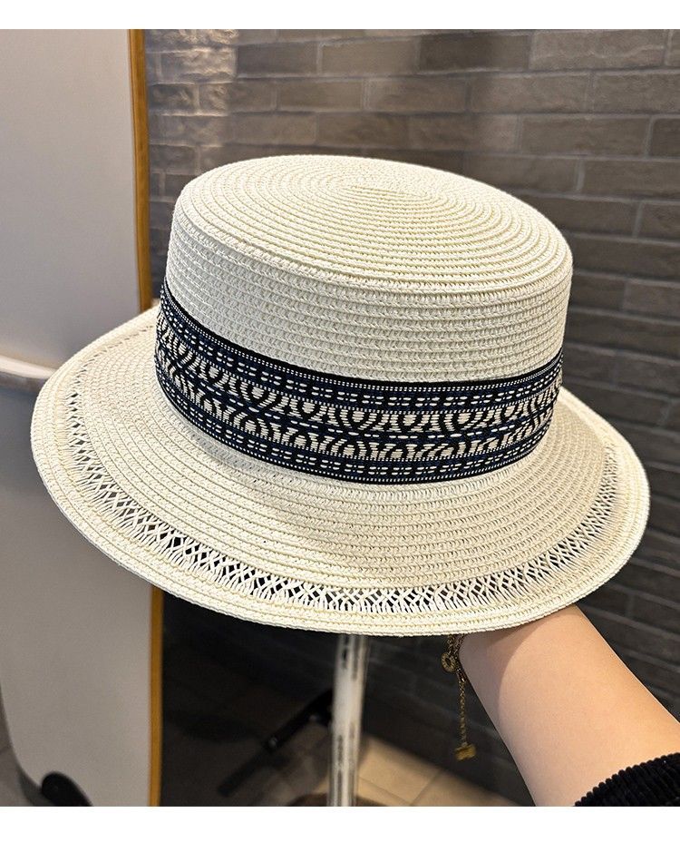 Ethnic Style Flat Top Top Hat Women's Summer Seaside Beach Vacation Sunshade Straw Hat Wide Brim Sun Hat_voghion.com