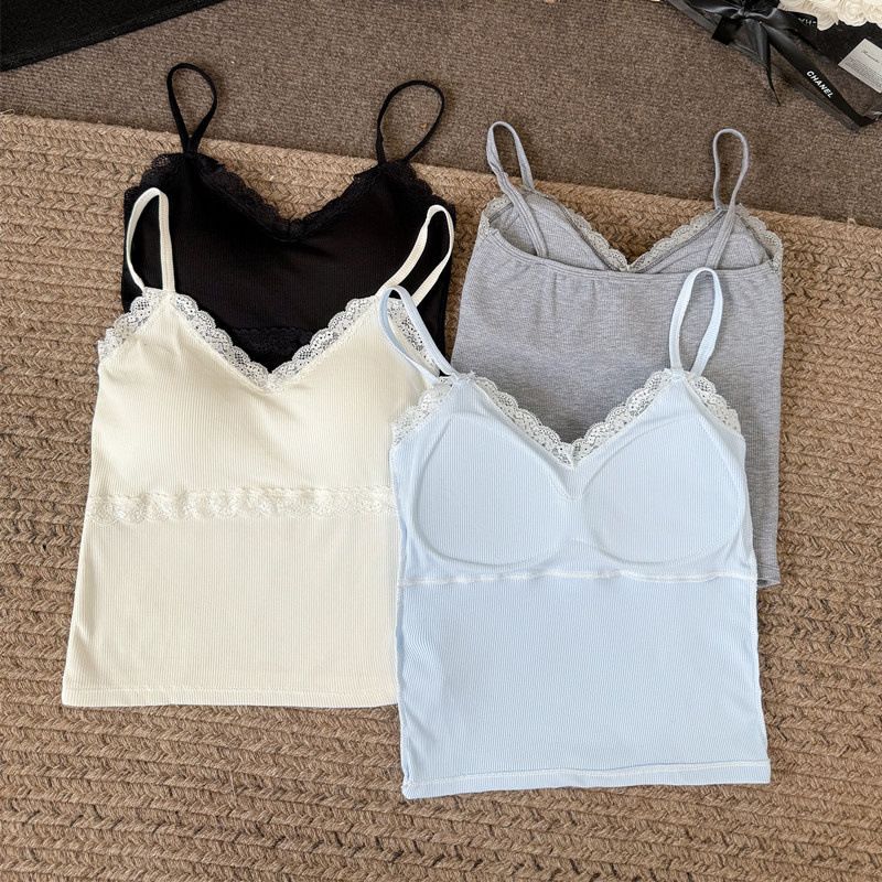 Pure Desire Lace Trim Camisole For Wome, Frech Style With Chest Pads, Fixed Cup, Sweet Ier Wear, Slimmig Top,_voghion.com