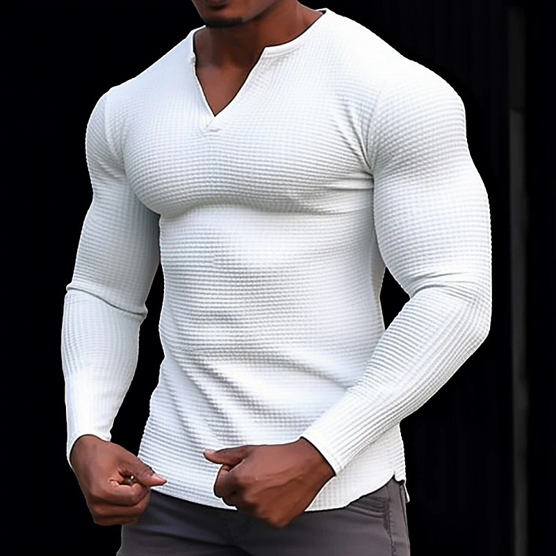 Abbigliamento da uomo T-shirt da uomo con scollo a V Waffle, moda casual a maniche lunghe per le vacanze_voghion.com