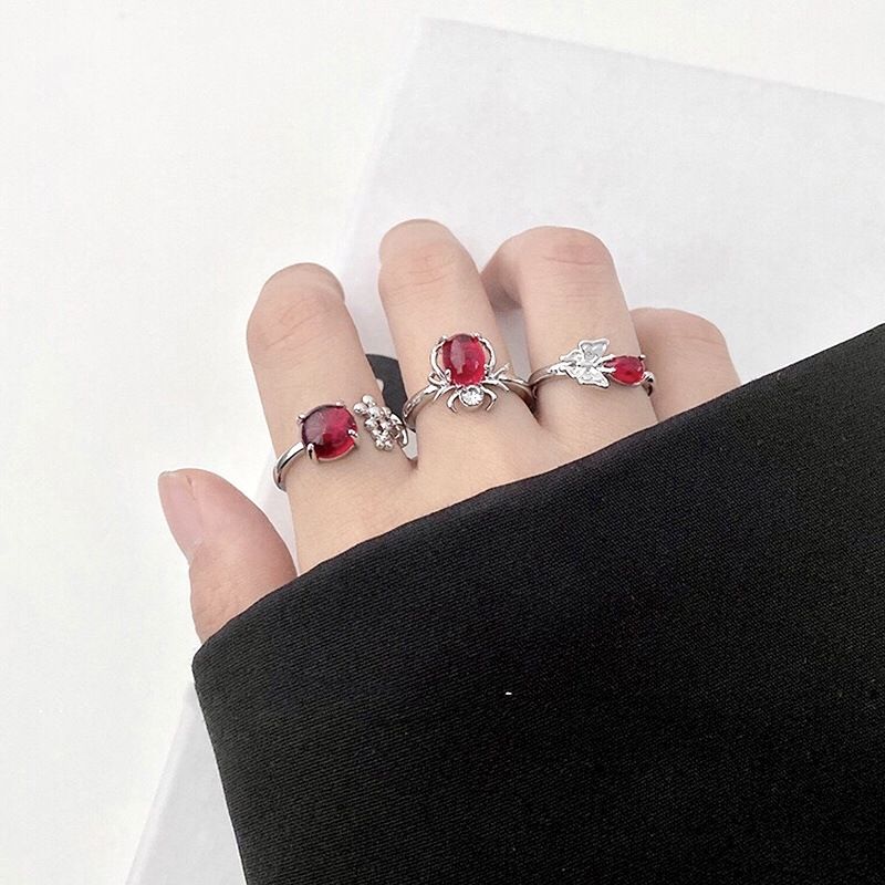 Moda 3 pezzi/set irregolare zircone opale Y2K stella coda di volpe anello di pietra di cristallo gotico ragno rosso pietra di luna anelli set gioielli_voghion.com