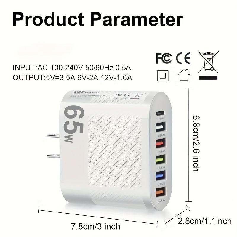 Universele 65W 6-poorten snel opladen PD-wandladers Snel opladen, USB-C-reisadapter met meerdere poorten voor_voghion.com