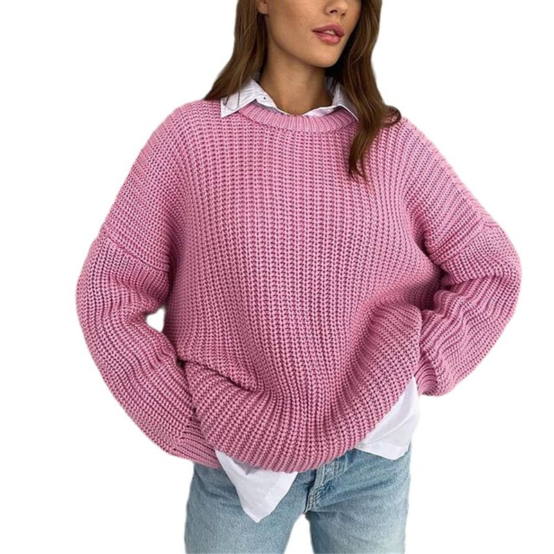 Pullover für Damen, Herbst und Winter, neues Produkt, lockerer Rundhalsausschnitt, einfarbig, langärmelig, lässiger Strickpullover_voghion.com