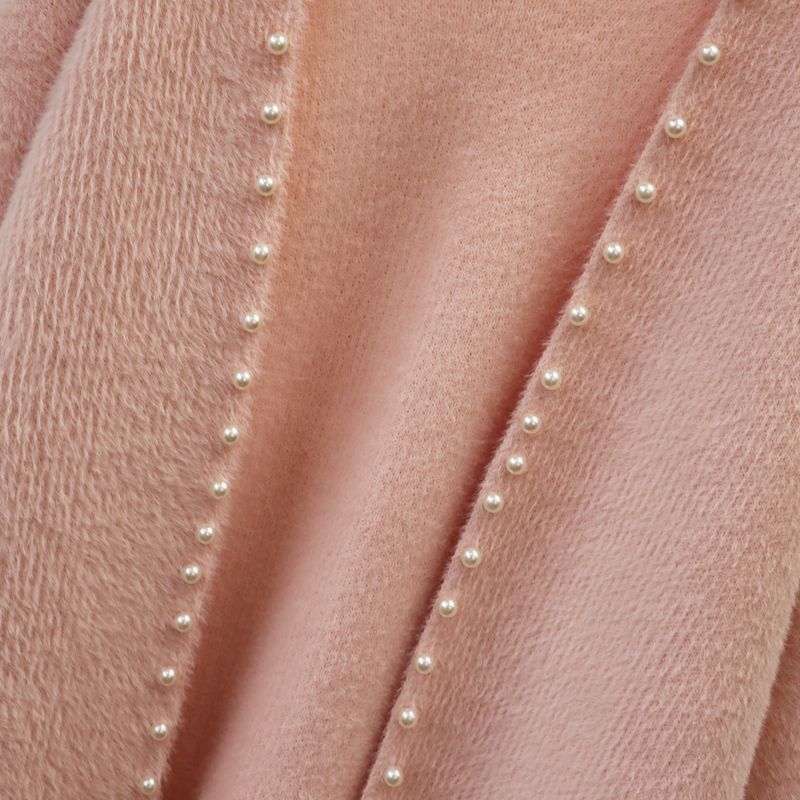 Cárdigan de punto de imitación de chinchilla con cuentas: abrigo extralargo y extragrande (poliéster afelpado, cuello en V, minimalista en blanco, rosa y negro, ideal para el trabajo y la noche)_voghion.com