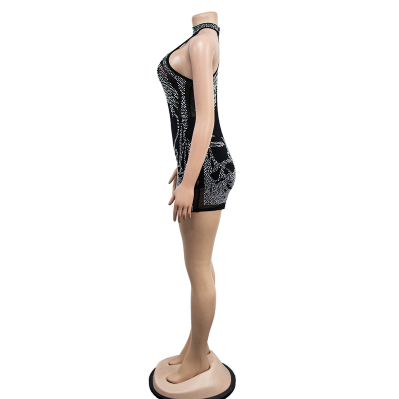Abbigliamento da donna, tuta da donna con pantaloncini senza maniche a rete trasparente con diamanti caldi_voghion.com