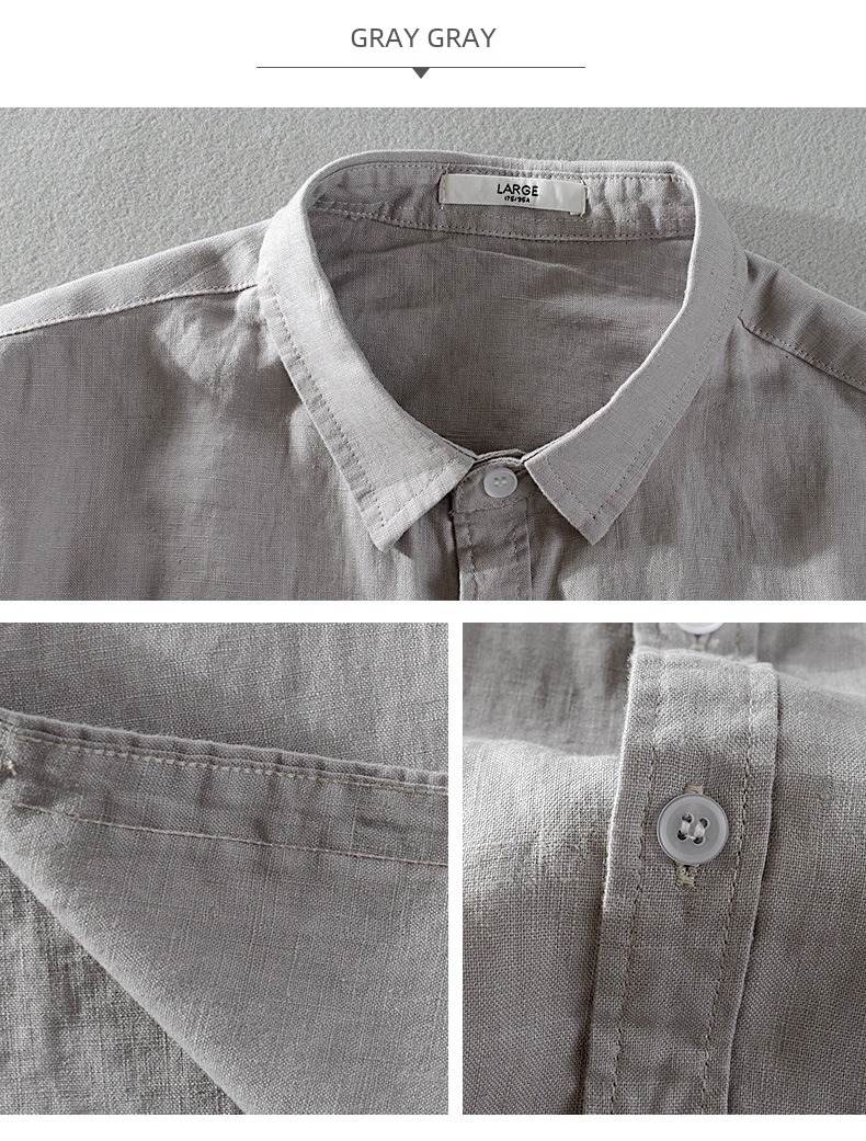 Camicia casual da uomo a maniche corte in puro lino, tessuto di cotone e lino, colore bianco, abbigliamento estivo traspirante, mezza manica_voghion.com