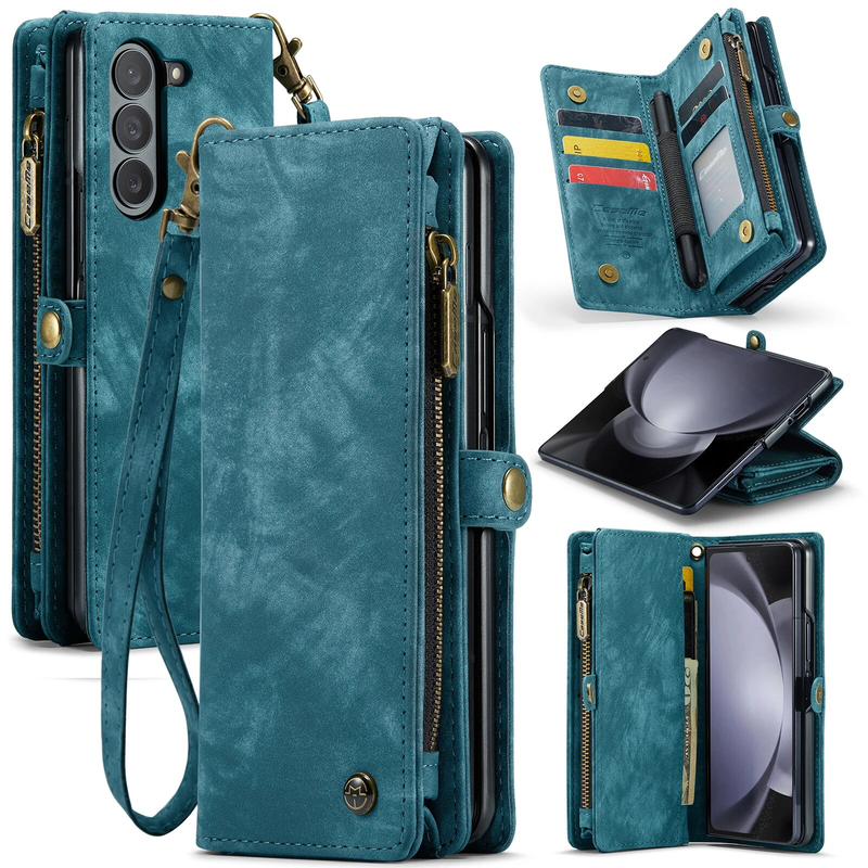 Zipper Pocket Wallet Case for Samsung Galaxy Z Fold 5 with S Pen Holder Vintage Vegan Leather Wrist Strap Magnetic Stand Cover_voghion.com