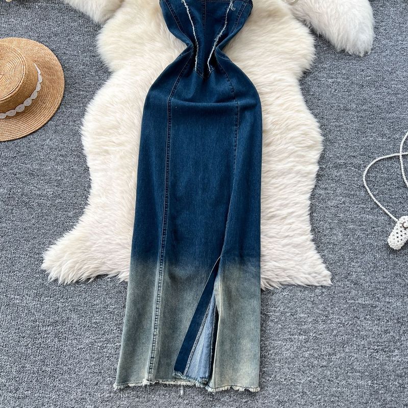 Sieviešu apģērbs Pure Desire karstā meitene ar bikšturi džinsa kleita sieviešu vasaras retro gradienta krāsa vidukļa šķēlums bez muguras garie svārki_voghion.com