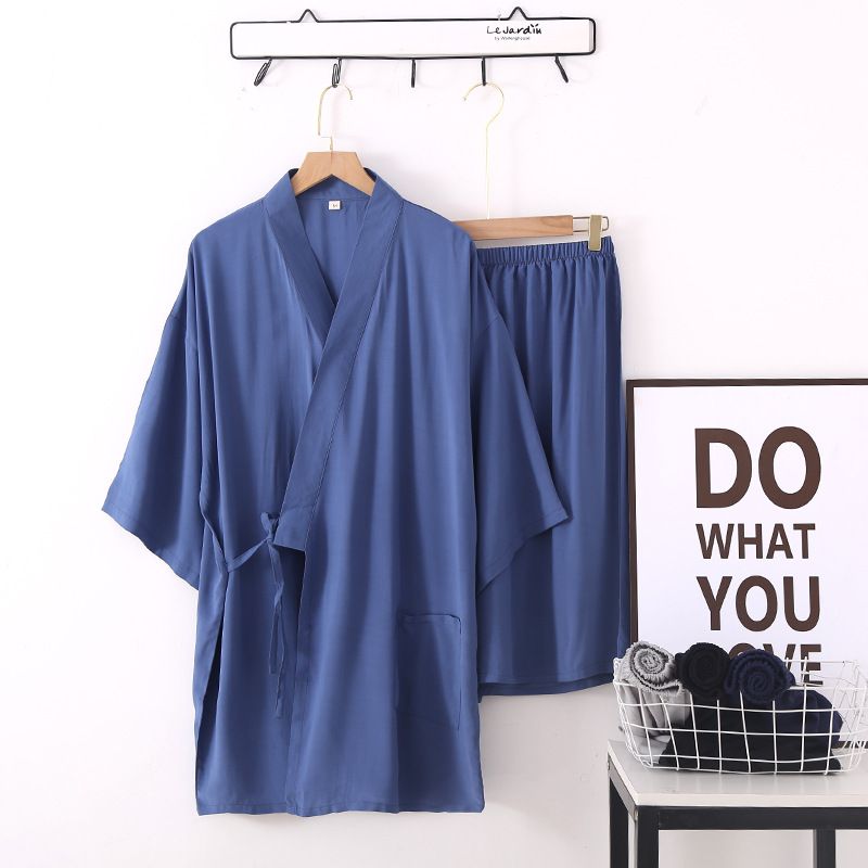 Pyjama Männer Rayon dënn Summer Kuerzärm Shorts Kotteng a Seid Loungewear Japanesch Eenfaarweg Kimono Luxus Kostüm_voghion.com