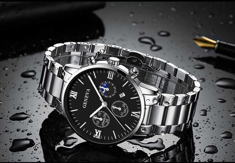 Herrenuhren Herren Business Uhr Kalender Abgestufte Quarzuhr Kreuz Halskette Armband Ring Set_voghion.com